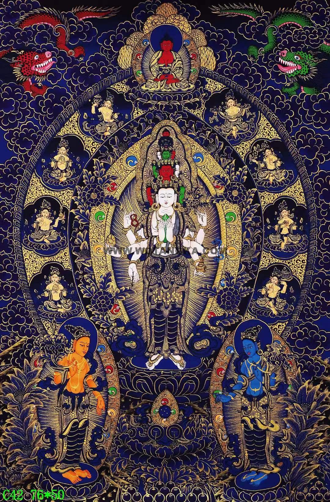 编号138-638228：蓝金唐卡-十一面八臂观音菩萨（76*50CM左右）