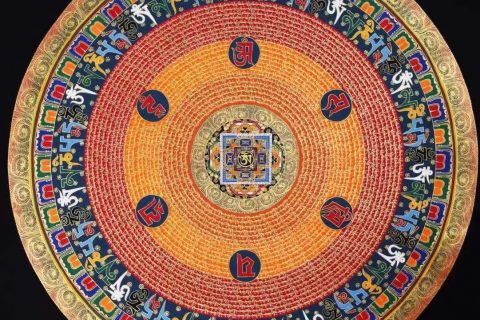 编号138-833742：彩绘唐卡-六字真言坛城（100*100CM左右）