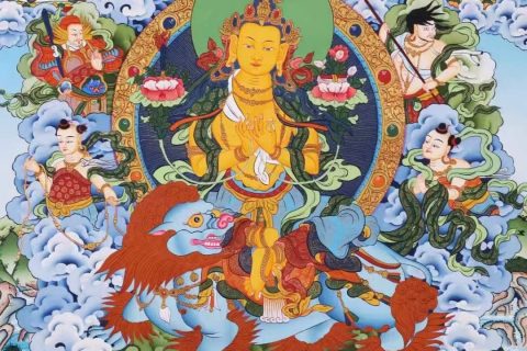 编号138-935601：彩绘唐卡-文殊菩萨·五部文殊（75*53CM左右）