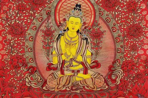 编号138-941314：红金唐卡-文殊菩萨·五部文殊（87*62CM左右）