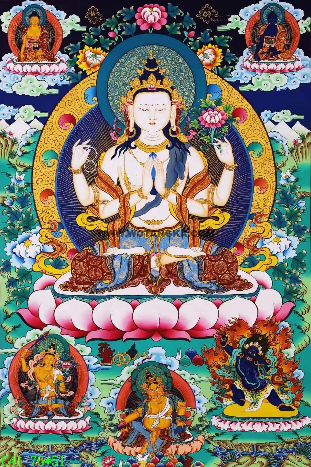 编号138-976774：彩绘唐卡-四臂观音·三怙主（75*51CM左右）