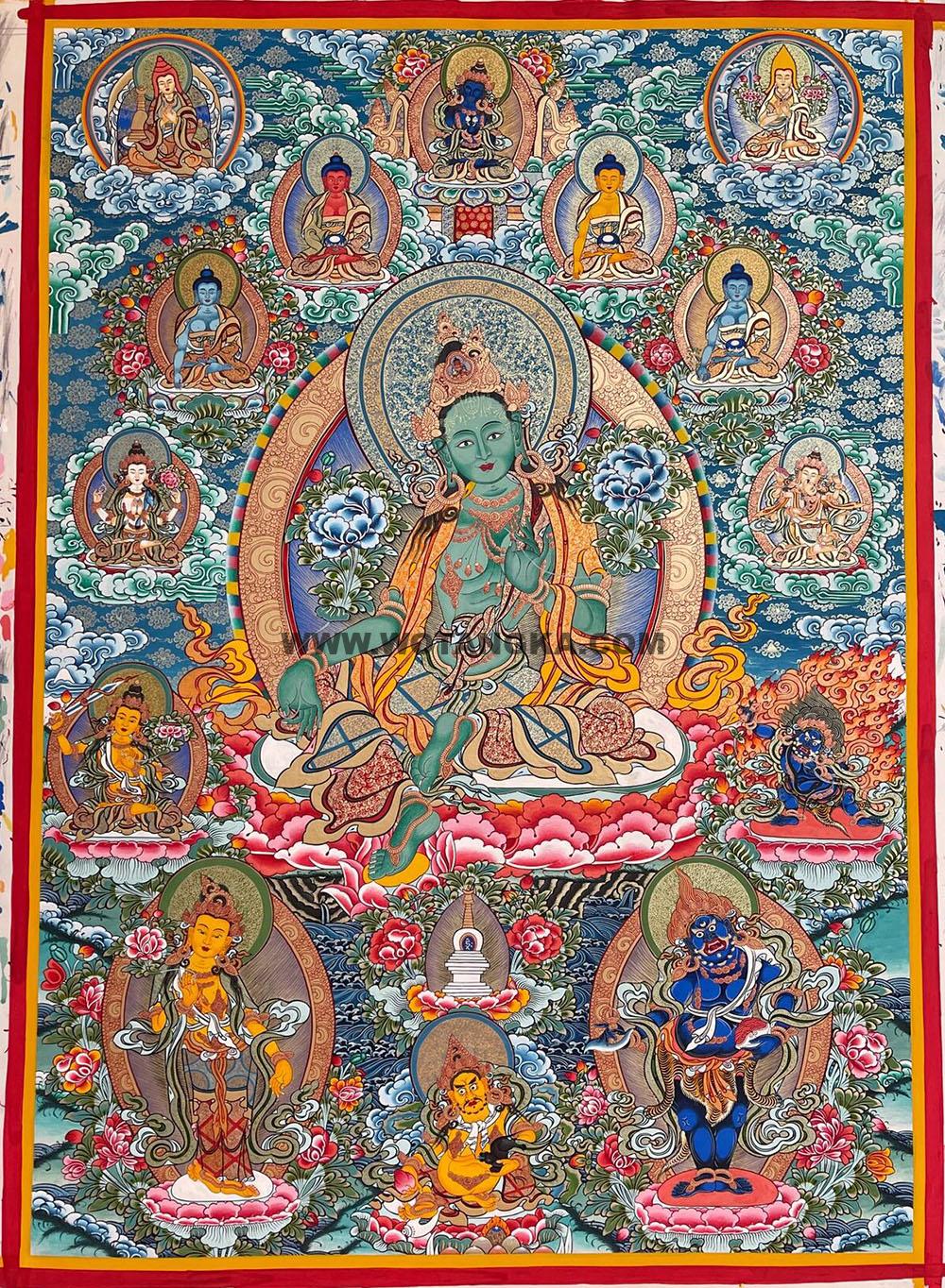 |已结缘·可定制|唐卡寄卖编号:JM·188-305074-绿度母胁侍二菩萨诸天佛陀上师如意平安本尊供养图(彩唐)
