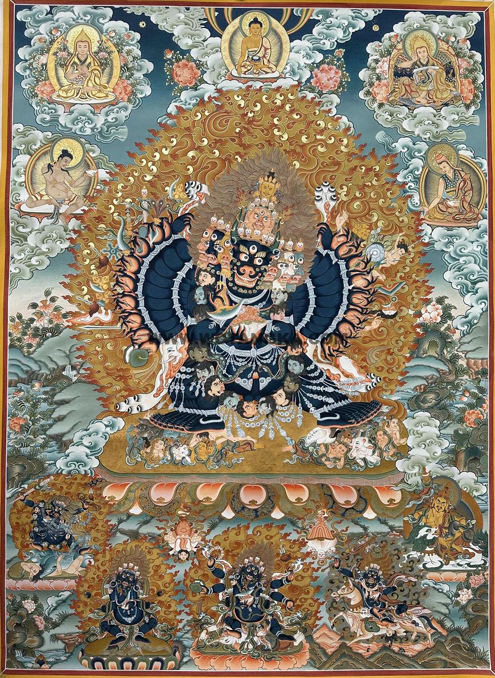 |已结缘·可定制|唐卡寄卖编号:JM·188-332042-独勇大威德金刚格鲁派护法天界上师化现吉祥供养图(彩唐)