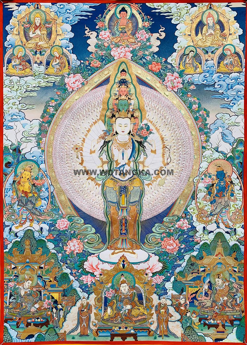 |已结缘·可定制|唐卡寄卖编号:JM·188-436895-千手观音君王三尊天界阿弥陀上师化现吉祥供养图(彩唐)