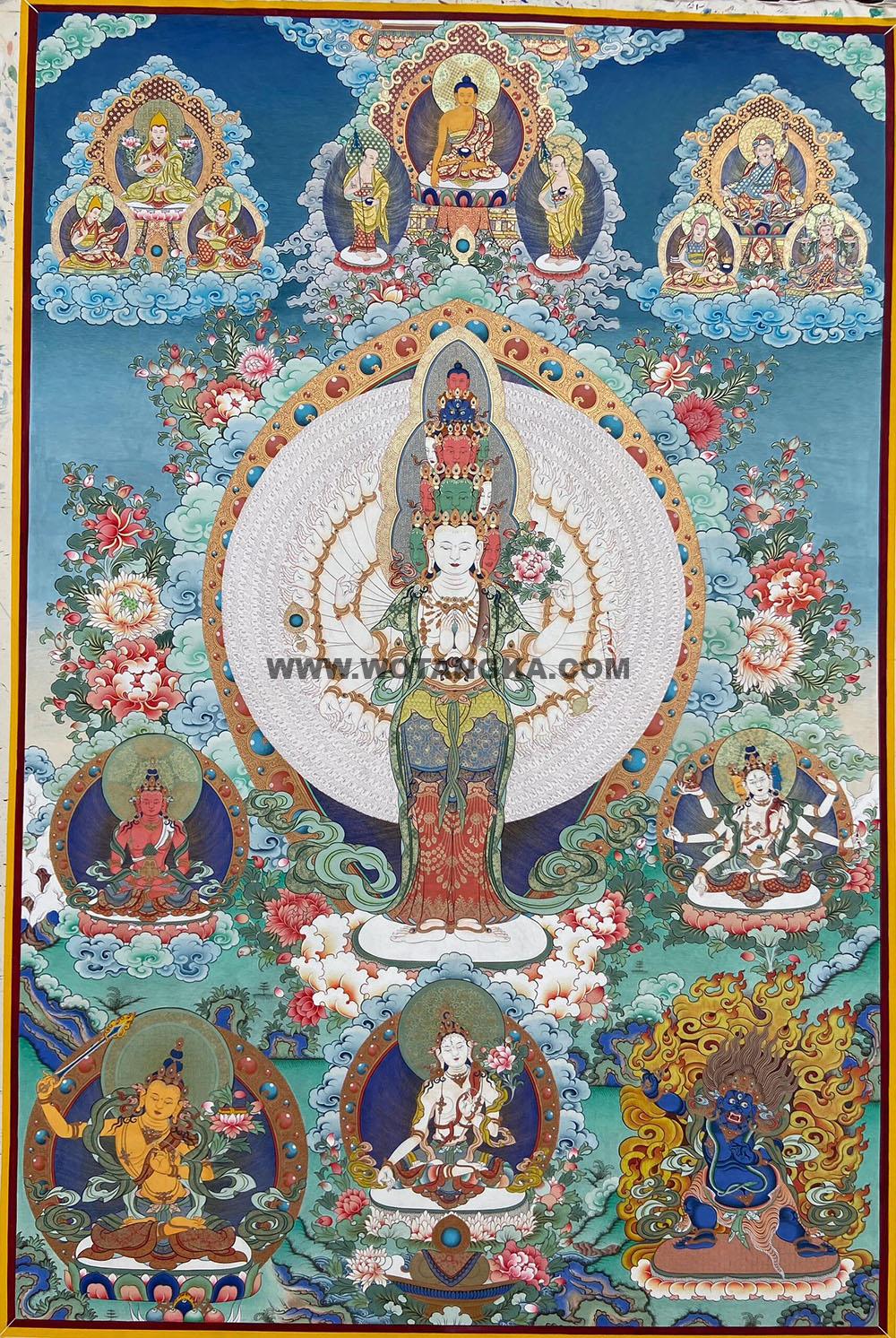 热贡-索南多杰·画院:彩绘唐卡-千手观音·三怙主(120*90CM左右)