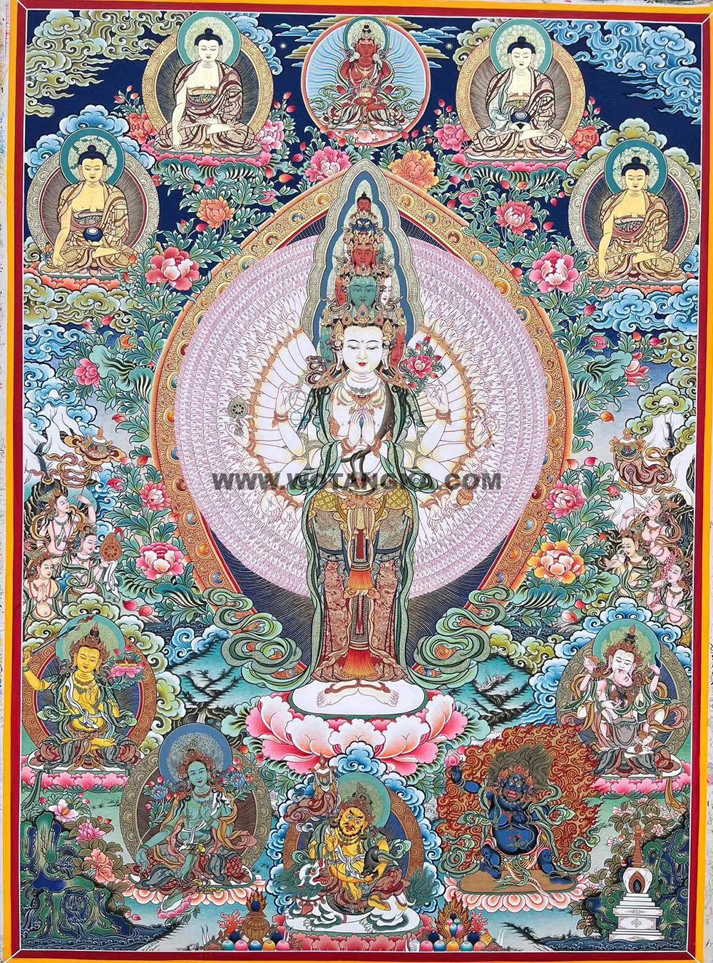 |已结缘·可定制|唐卡寄卖编号:JM·188-467379-千手观音天界五佛陀化现诸菩萨荟聚吉祥供养图(彩唐)