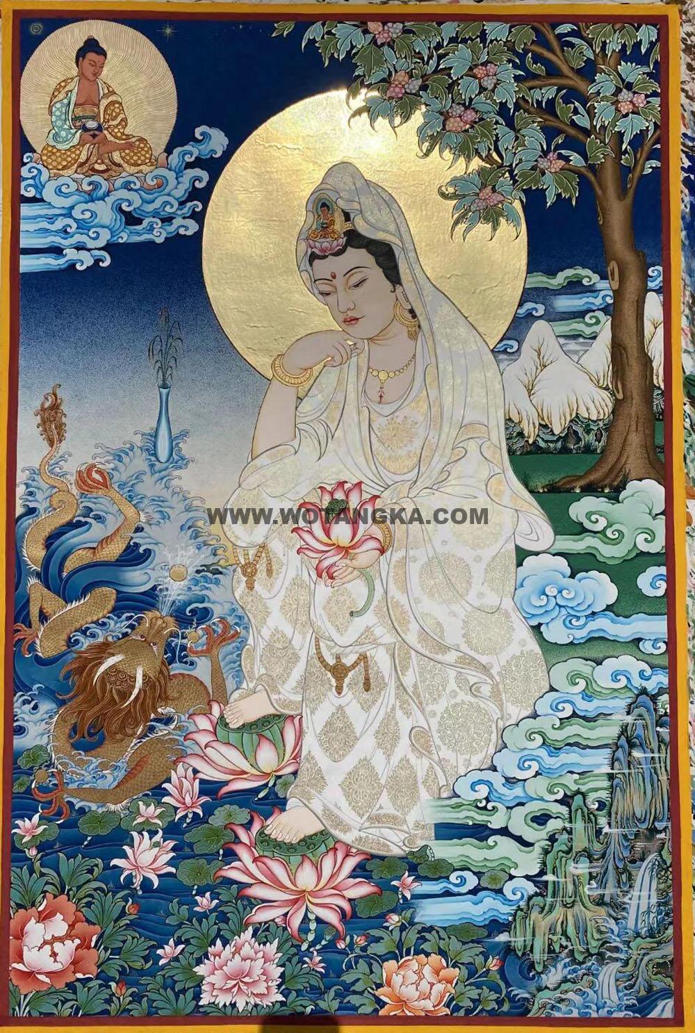 |已结缘·可定制|唐卡寄卖编号:JM·188-479544-白衣观音金轮法相吉祥莲平安供养图(彩唐)