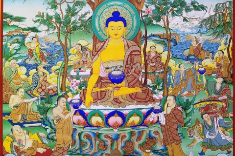 编号188-502017：彩绘唐卡-释迦牟尼佛·十八罗汉·四大天王（120*90CM左右）