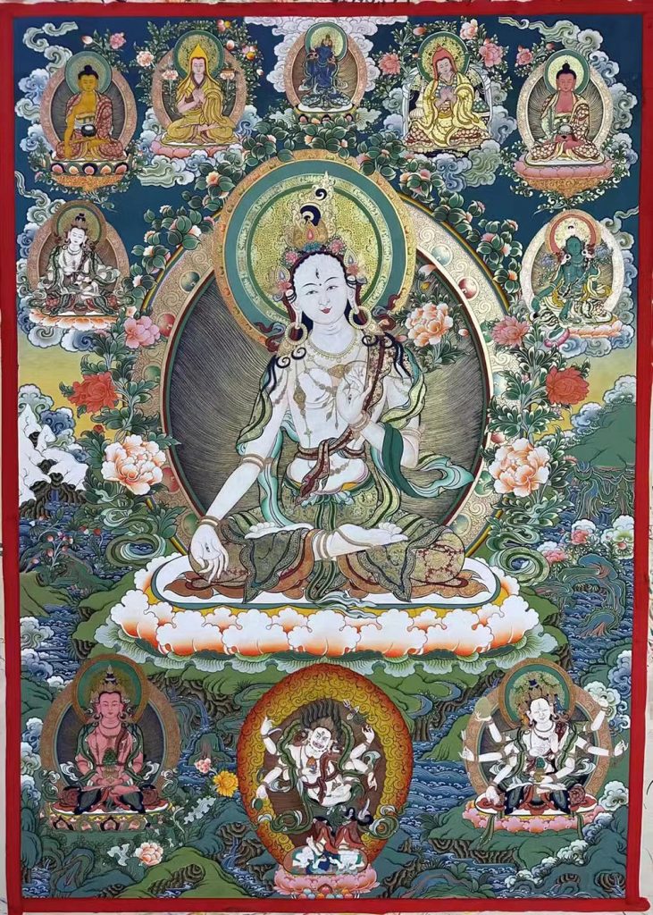 编号188-546746：彩绘唐卡-白度母·长寿三尊（100*70CM左右）