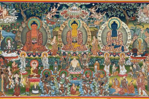 编号188-560470：彩绘唐卡-释迦牟尼佛·三世佛（140*300CM左右）