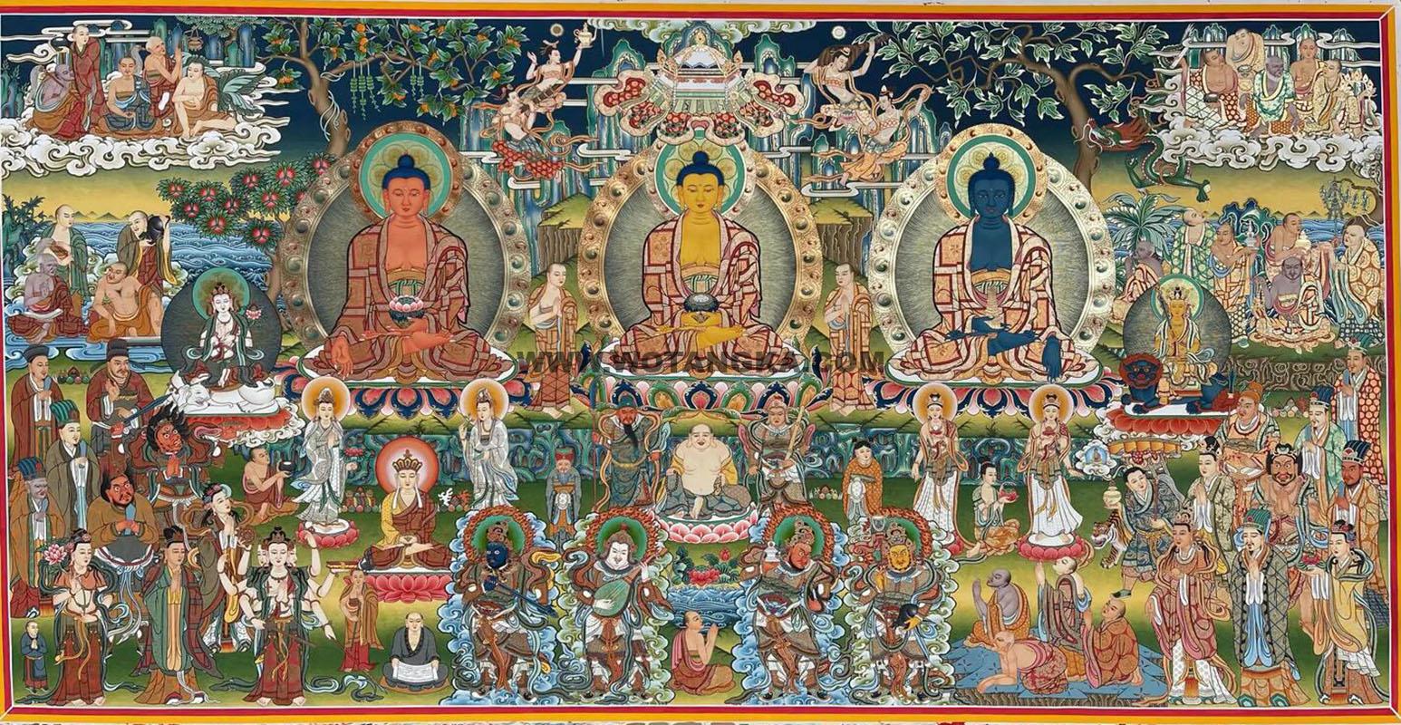 |已结缘·可定制|唐卡寄卖编号:JM·188-560470-释迦牟尼佛横三世佛诸菩萨荟聚吉祥供养图(彩唐)