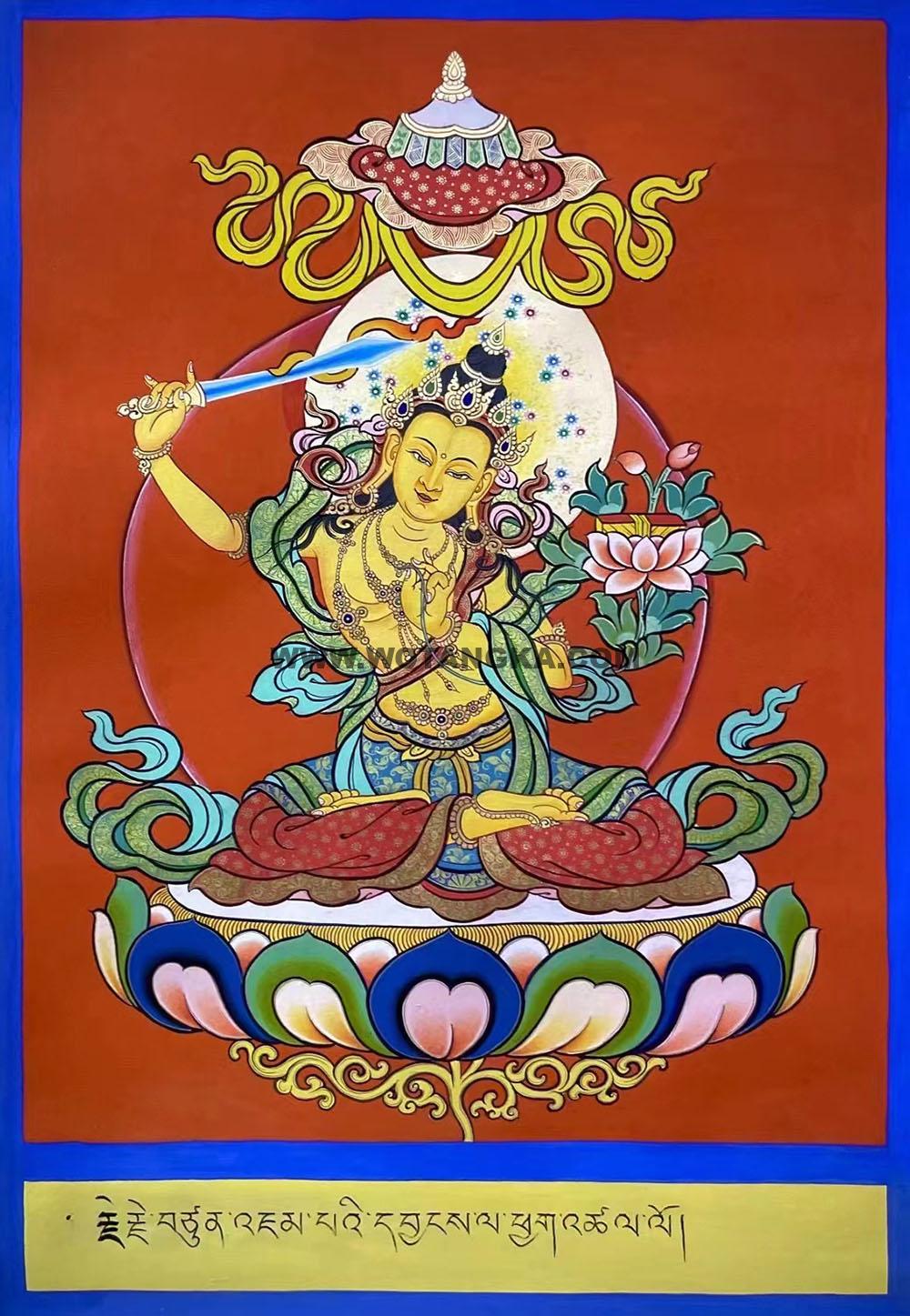 |已结缘·可定制|唐卡寄卖编号:JM·188-604553-文殊菩萨吉祥华盖智慧供养图(彩唐)