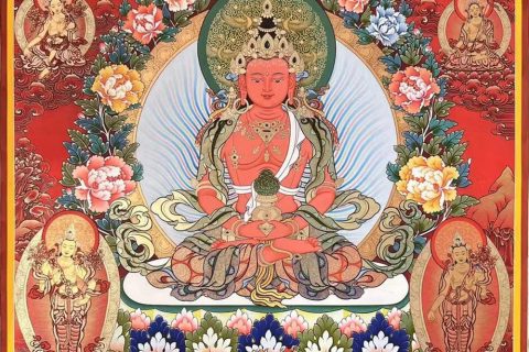编号188-911813：红金唐卡-长寿佛·长寿三尊（100*70CM左右）