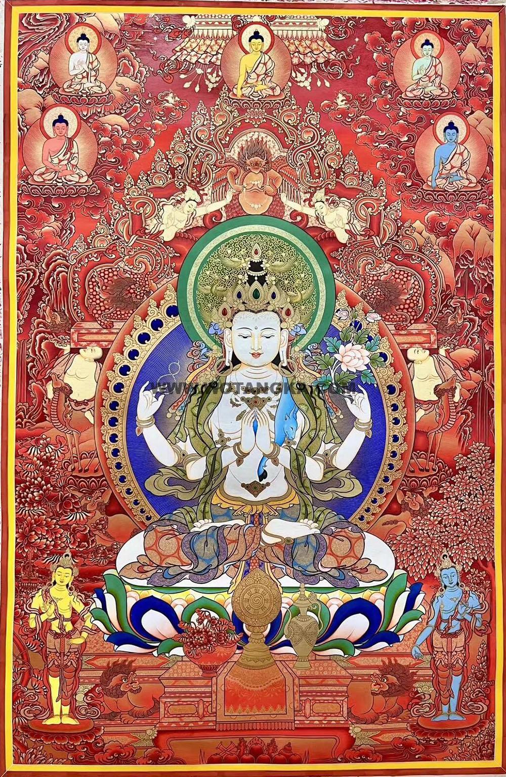 编号188-925426:红金唐卡-四臂观音·三怙主(100*70CM左右)