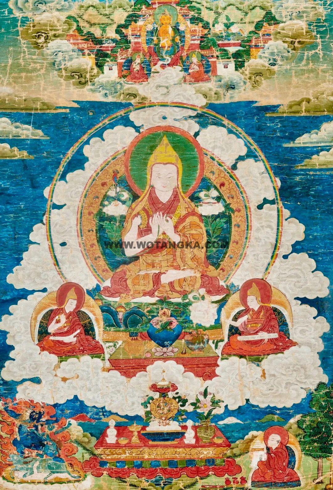 沃唐卡编号AC36310:宗喀巴师徒三尊