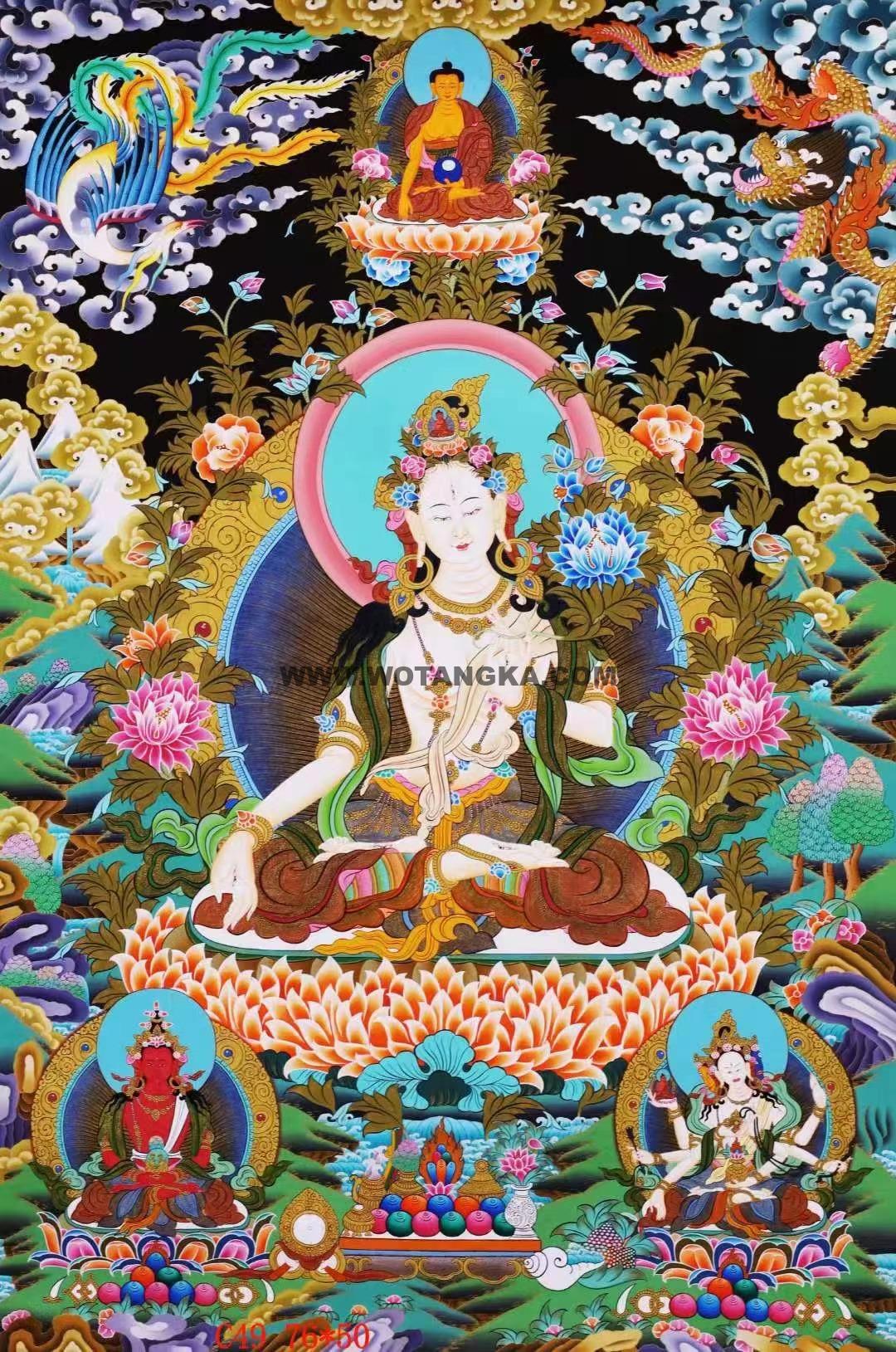 编号138-354180:彩绘唐卡-白度母·长寿三尊(76*50CM左右)