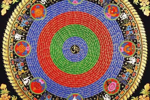 编号138-771513：彩绘唐卡-六字真言坛城（100*100CM左右）