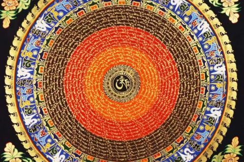 编号138-781124：彩绘唐卡-六字真言坛城（70*70CM左右）