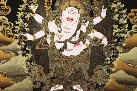 编号138-930227：黑金唐卡-白六臂玛哈嘎拉（80*57CM左右）