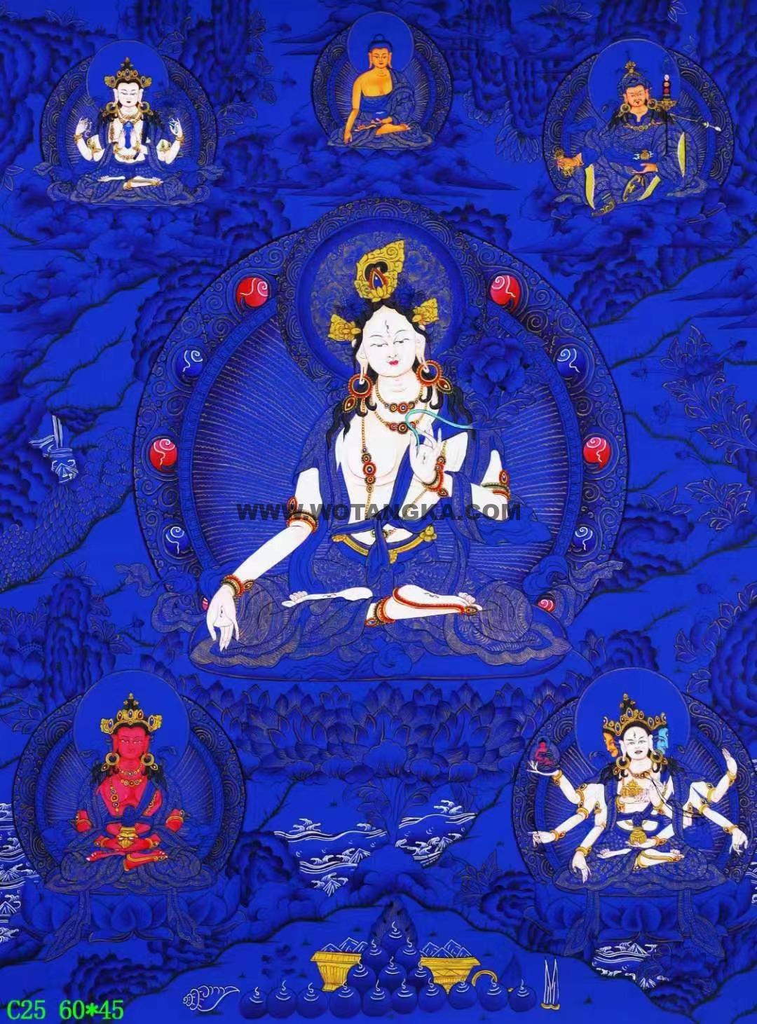 编号138-931374:蓝金唐卡-白度母·长寿三尊(60*45CM左右)