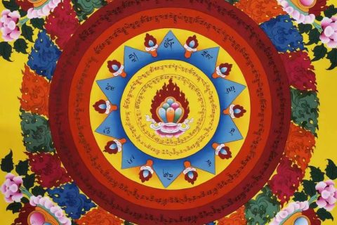 编号138-943175：彩绘唐卡-黄财神心咒坛城（50*50CM左右）