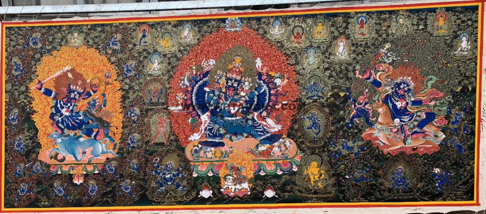 |已结缘·可定制|唐卡寄卖编号:JM·188-357329-大威德金刚格鲁派大护法本尊殊胜供养大绘卷(黑唐)