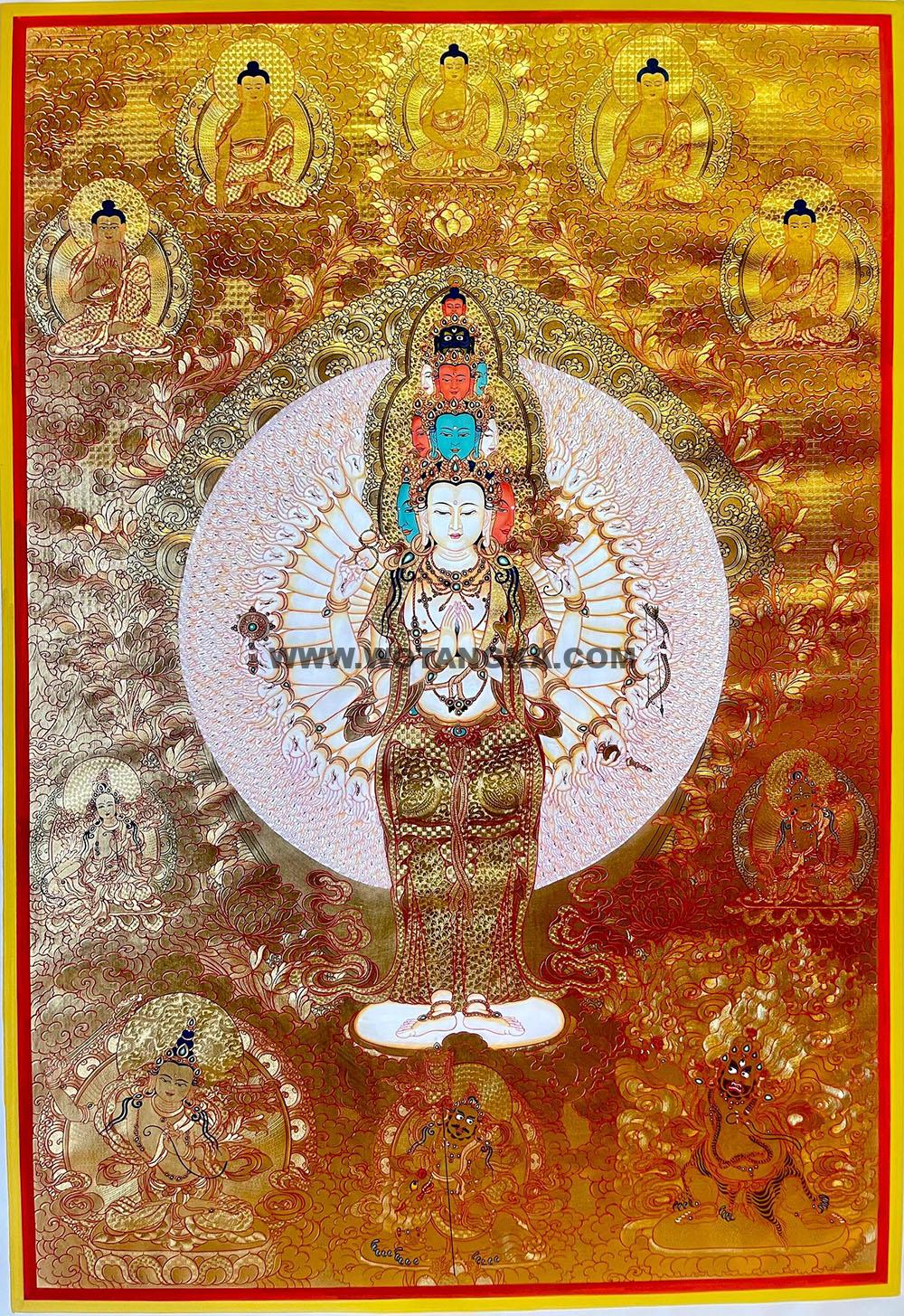 |已结缘·可定制|唐卡寄卖编号:JM·188-659223-千手观音雪域三怙主二度母天界五方佛化现财富吉祥供养图(金唐)