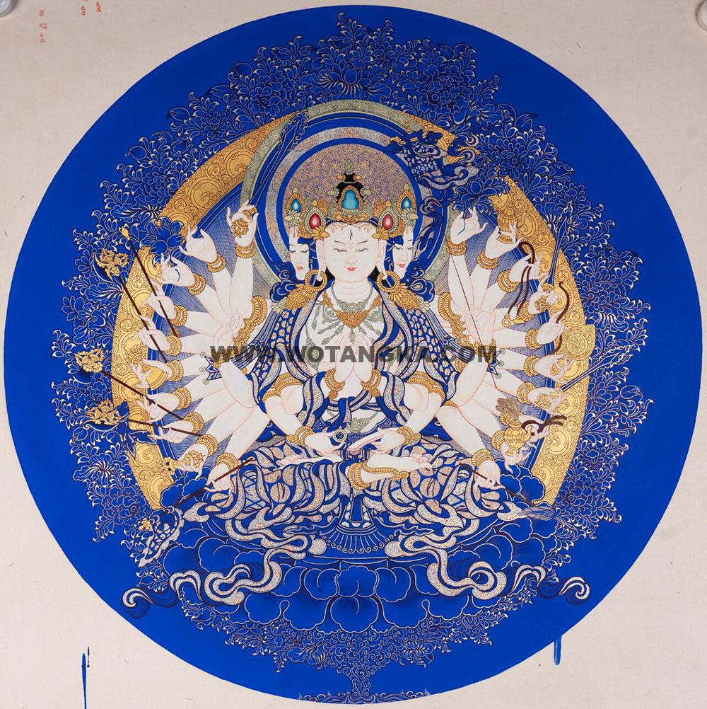 |已结缘·可定制|唐卡寄卖编号:JM·188-804332-三面准提佛母吉祥莲台如意供养图(蓝唐)