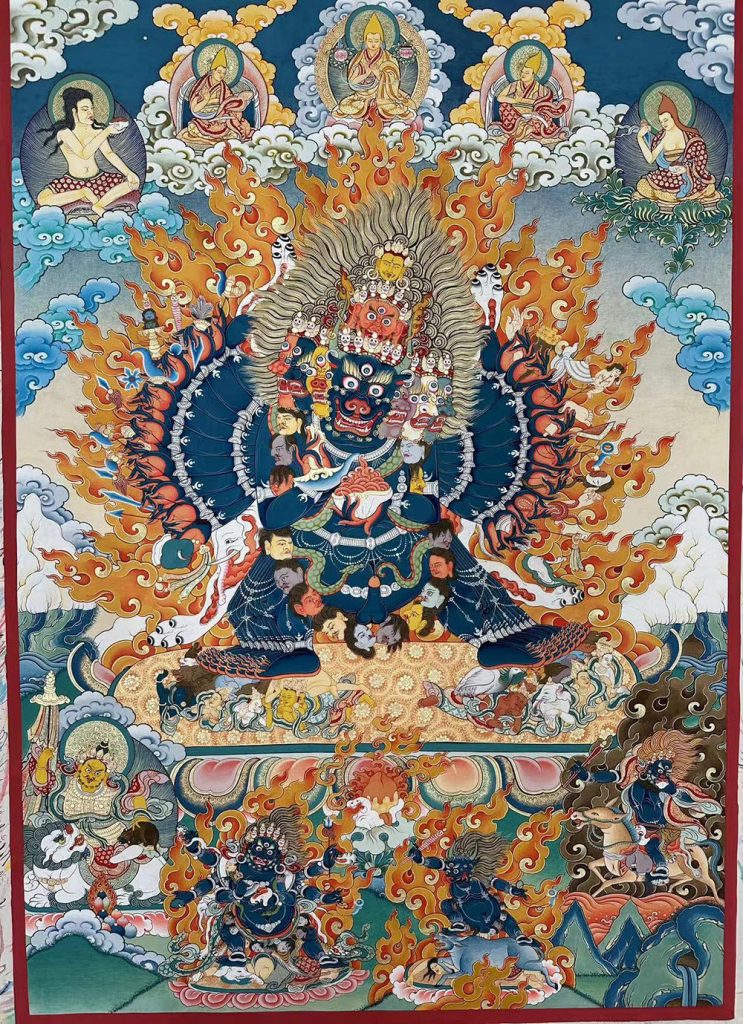 ｜已结缘·可定制｜唐卡寄卖编号：JM·188-863918-大威德金刚四大护法格鲁派上师吉祥供养图（彩唐）