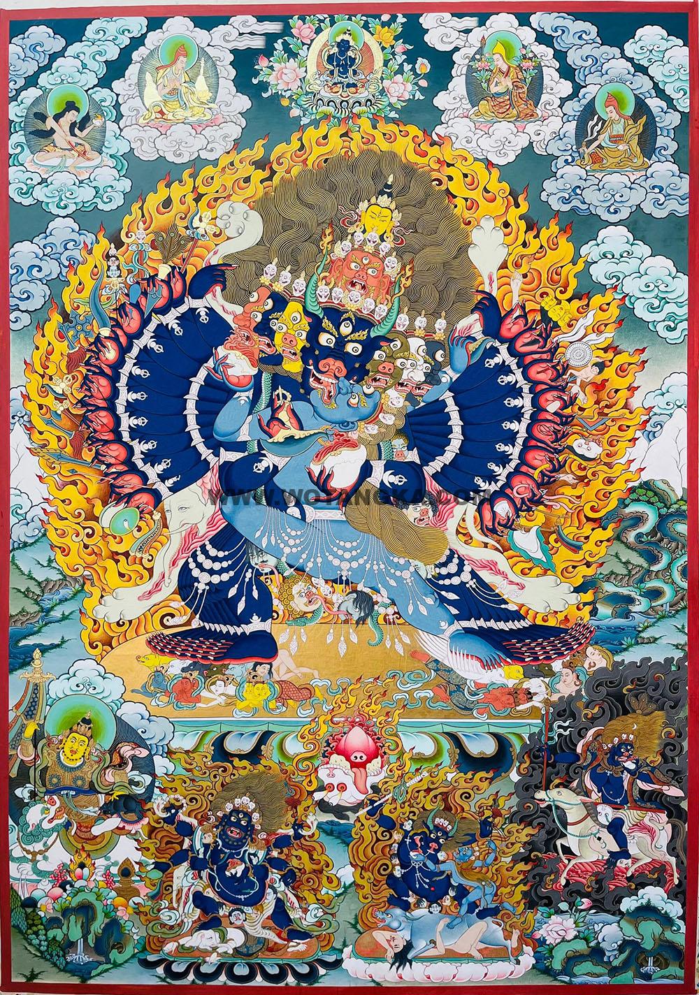 |已结缘·可定制|唐卡寄卖编号:JM·188-974273-大威德金刚四大护法金刚持化现上师吉祥供养图(彩唐)