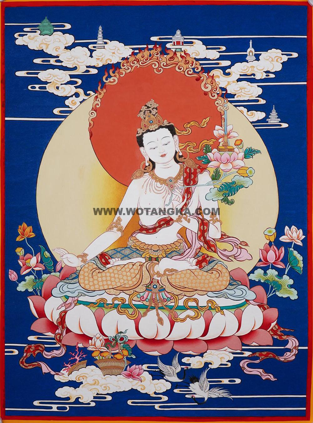 |已结缘·可定制|唐卡寄卖编号:JM·188-990254-白文殊菩萨天界五轮塔吉祥智慧供养图(彩唐)