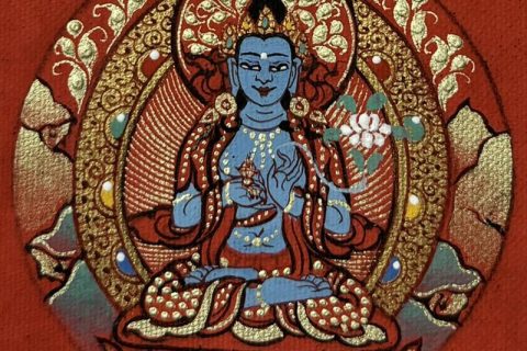 编号118-1693843：红金小唐卡-金刚手菩萨·寂静相（圆形·直径3.5CM左右）