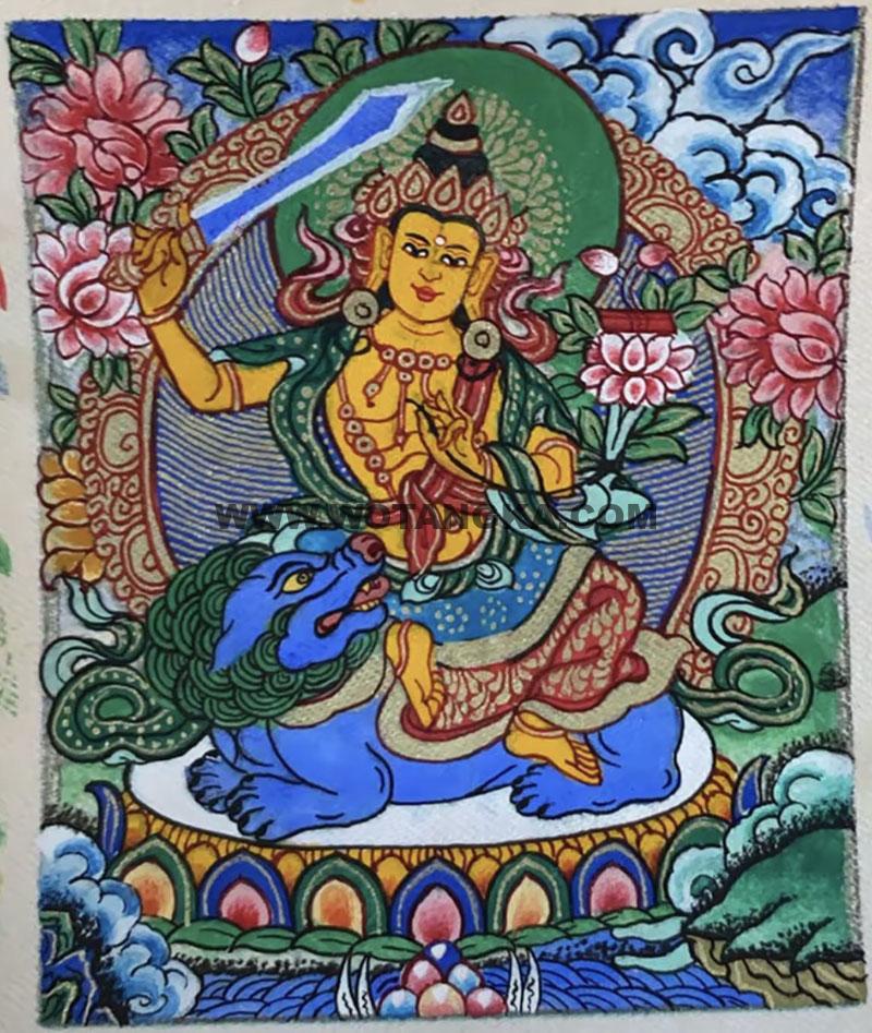编号118-2238434：彩绘小唐卡-骑狮文殊菩萨（长方形·5*4CM左右）