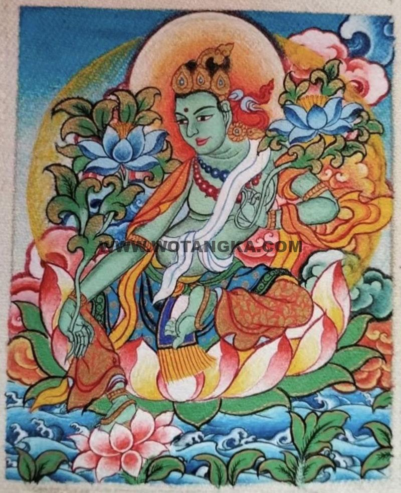 编号118-2705334：彩绘小唐卡-绿度母（长方形·5*4CM左右）