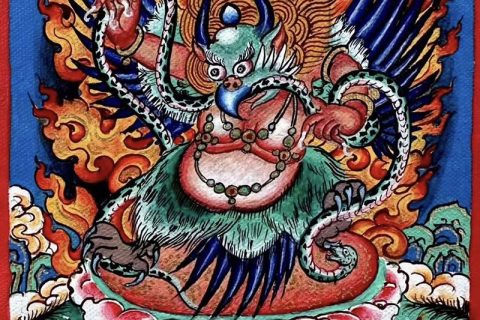 编号118-5100729：彩绘小唐卡-大鹏金翅鸟（长方形·5*4CM左右）