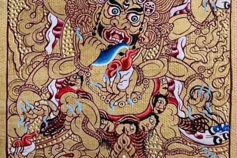 编号118-5838031：黄金小唐卡-六臂玛哈嘎拉（长方形·5*4CM左右）