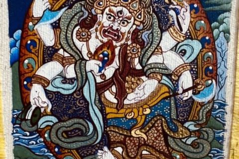 编号118-6333426：彩绘小唐卡-白六臂玛哈嘎拉（长方形·5*4CM左右）