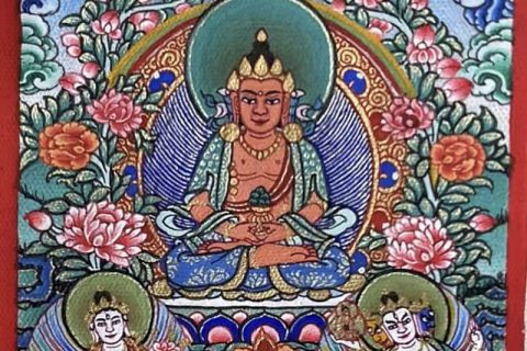 编号118-6631640：彩绘小唐卡-长寿佛·长寿三尊（长方形·5*4CM左右）