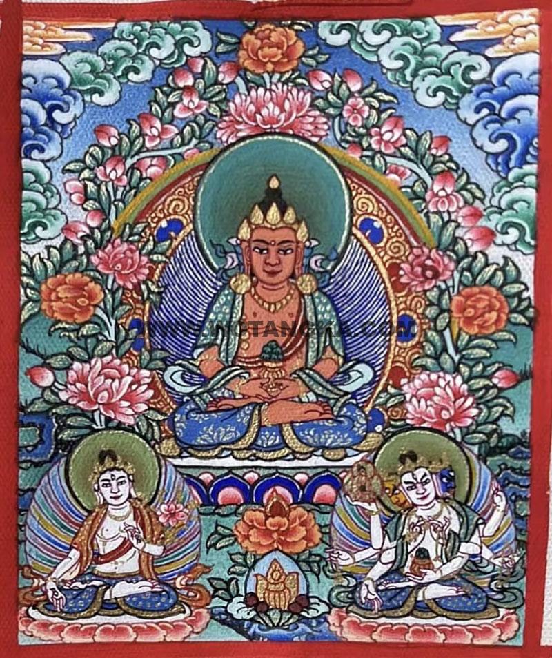 编号118-6631640：彩绘小唐卡-长寿佛·长寿三尊（长方形·5*4CM左右）