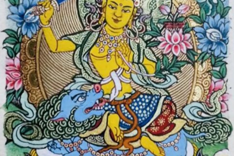 编号118-8398889：彩绘小唐卡-骑狮文殊菩萨（长方形·5*4CM左右）