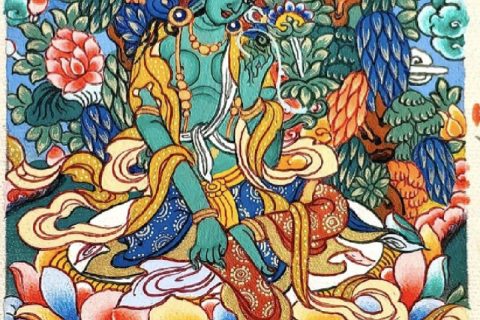 编号118-9238575：彩绘小唐卡-绿度母（长方形·5*4CM左右）