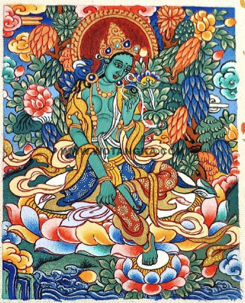 编号118-9238575：彩绘小唐卡-绿度母（长方形·5*4CM左右）