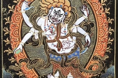 编号118-9807612：黑金小唐卡-白六臂玛哈嘎拉（长方形·5*4CM左右）