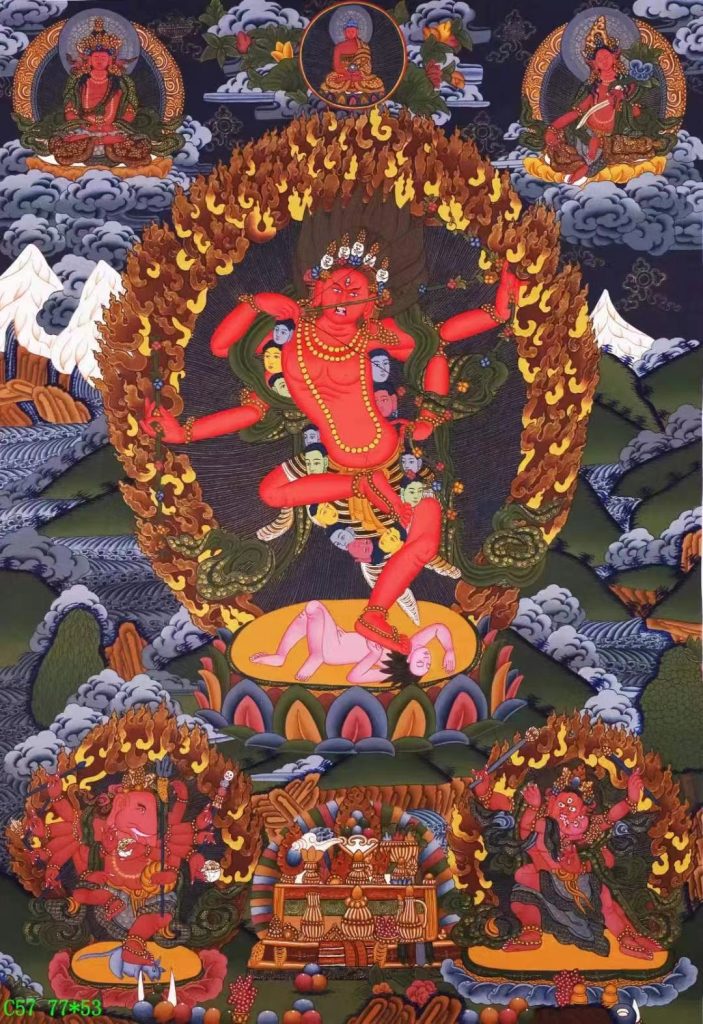 编号138-407341：彩绘唐卡-作明佛母·大红三尊（77*53CM左右）