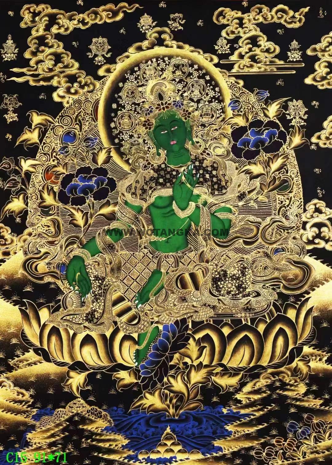 编号138-915324:黑金唐卡-绿度母(91*71CM左右)