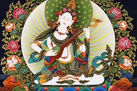 编号138-919988：彩绘唐卡-妙音天女（60*45CM左右）