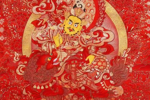 编号138-988715：红金唐卡-财宝天王·五方财神（99*69CM左右）