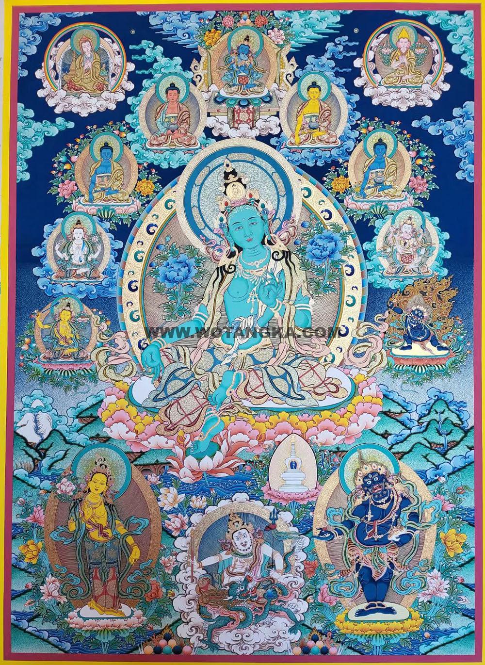 |已结缘·可定制|唐卡寄卖编号:JM·188-130354-绿度母水中莲台吉祥海诸天佛菩萨平安吉祥供养图(彩唐)