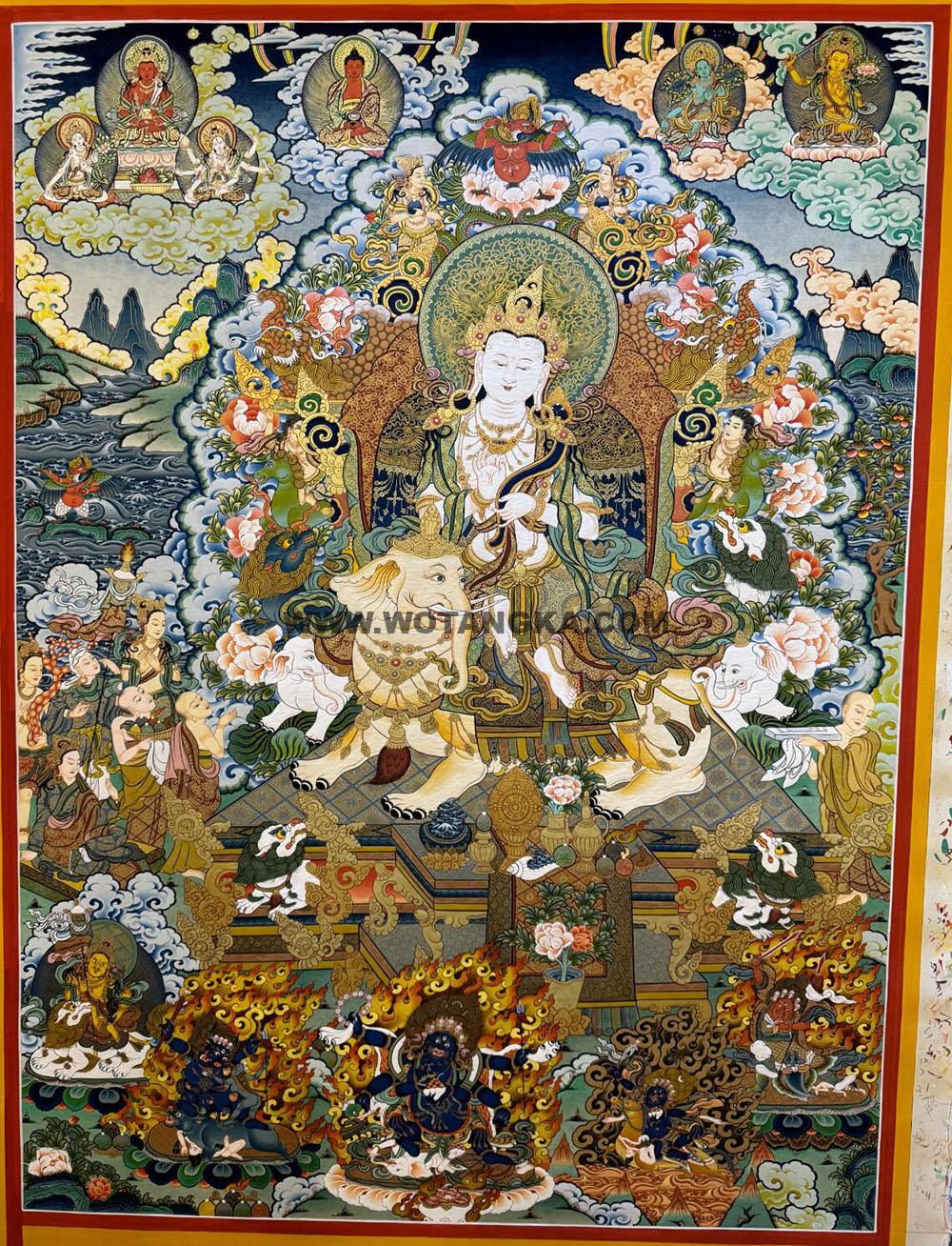 |已结缘·可定制|唐卡寄卖编号:JM·188-145171-普贤菩萨巨灵王座五大护法吉祥大德供养图(彩唐)