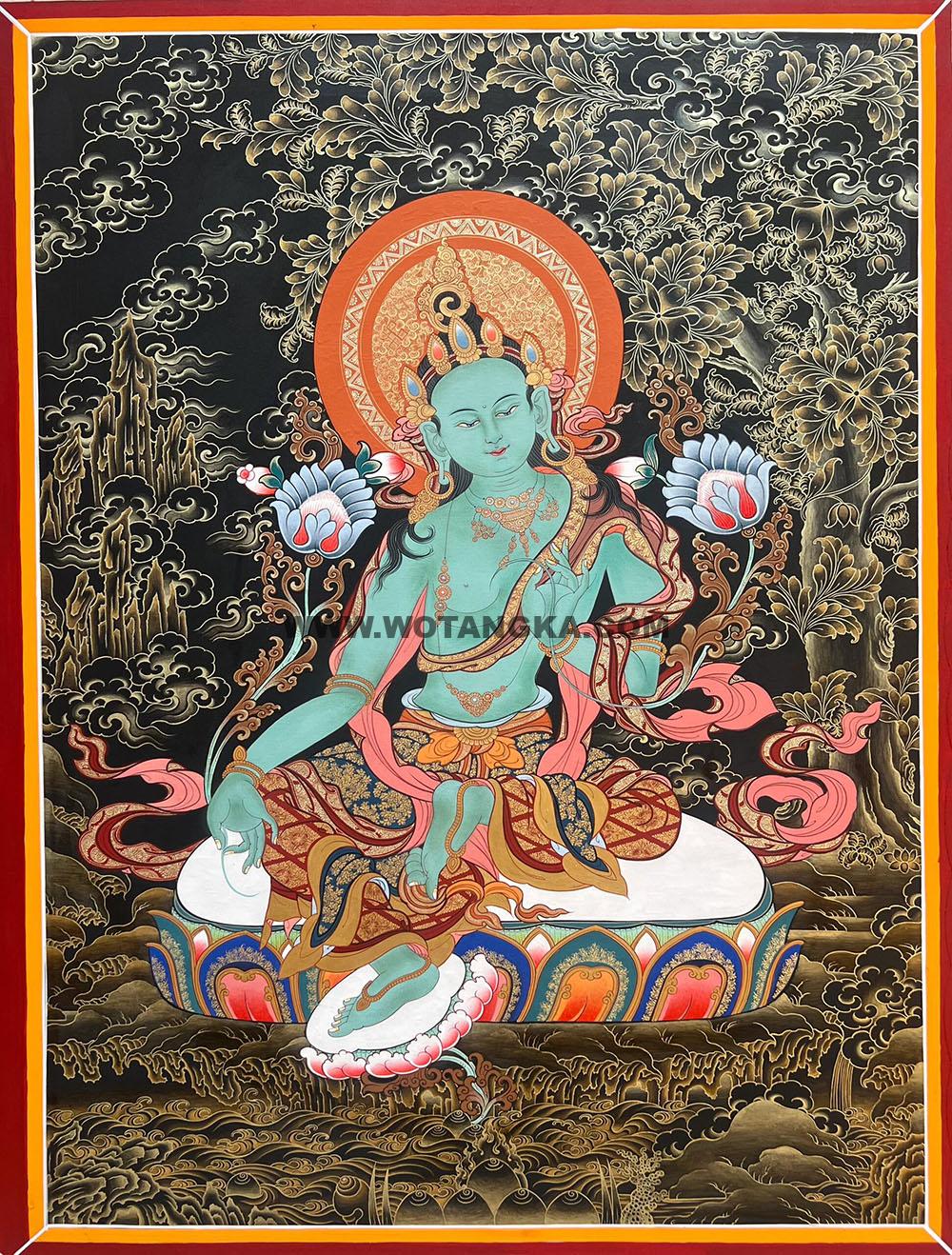 |已结缘·可定制|唐卡寄卖编号:JM·188-158957-绿度母彩莲如意姿平安供养图(黑唐)